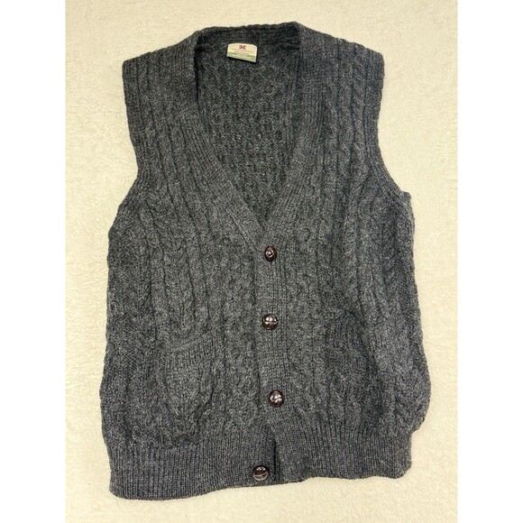 CARRAIG DONN Men's Aran Charcoal Gray Wool Sweater Size Large Ireland Dad - Picture 2 of 7